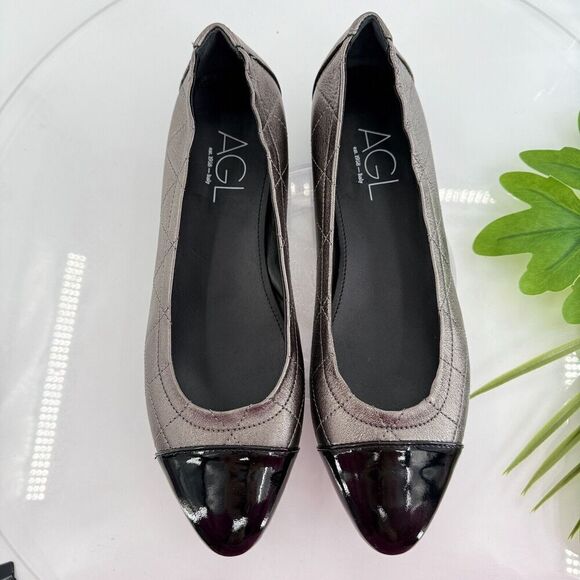 AGL Naomi Womens Ballet Flats Size 39.5 9.5 Quilted Silver Black Leather Cap Toe - Picture 1 of 12